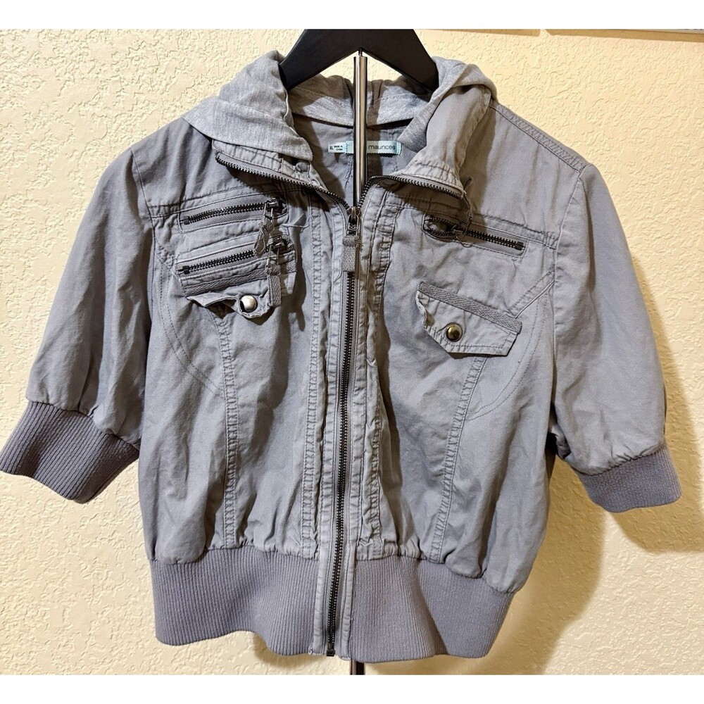 Maurices Womens XL Jacket Detachable Hood Grey Cropped Short Sleeve Utility